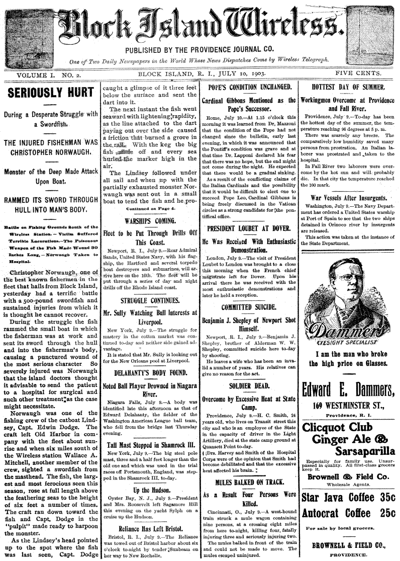 Front page of the second issue (July 10, 1903) of the four-page Block Island Wireless newspaper