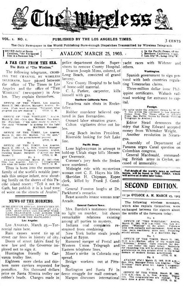 Page 1 of the debut March 25, 1903 issue of the The Wireless, Avalon (California)