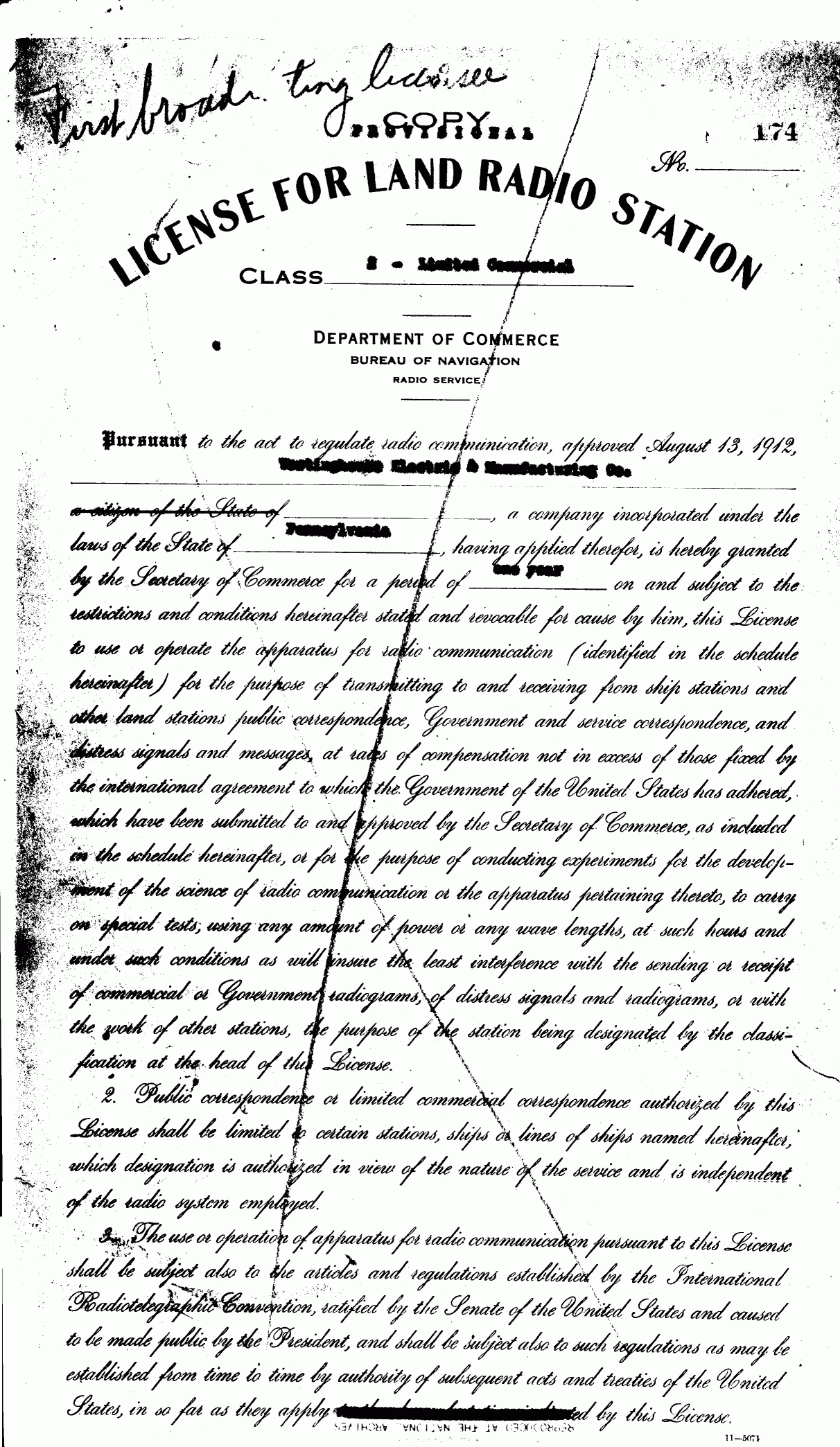 KDKA first licence (October 27, 1920) - 1st page